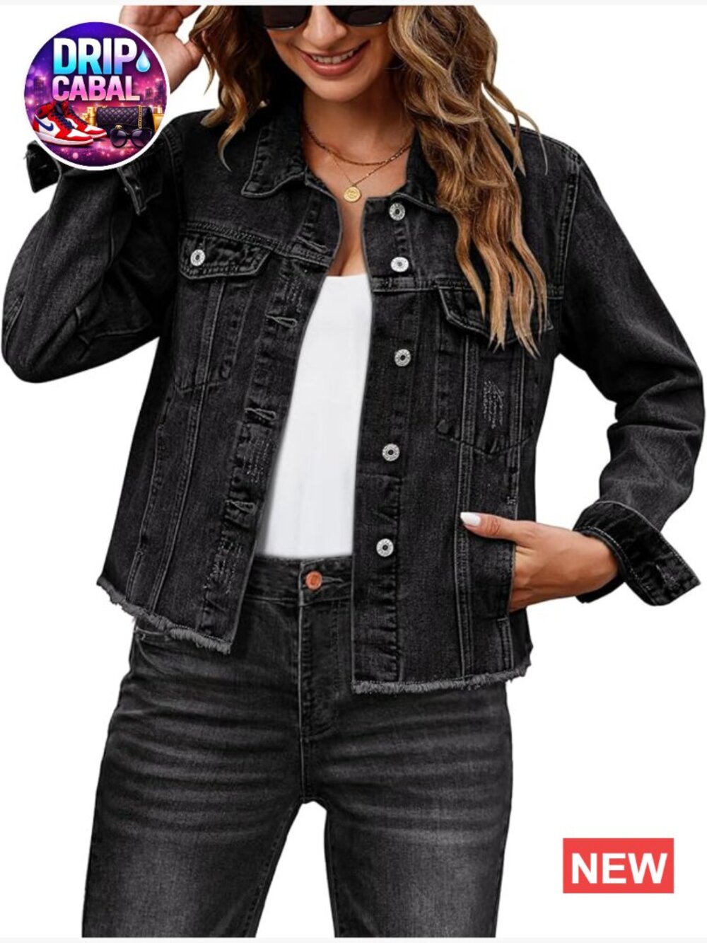 Distressed Denim Trucker Jacket Button Up Frayed Hem Pockets